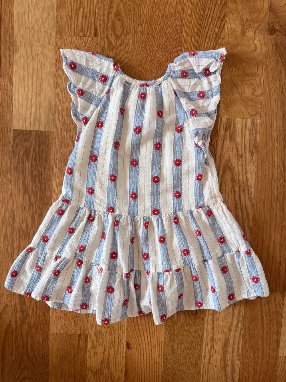 Zara White and Light Blue Striped Dress with Red Floral Embroidery - Picture 2 of 2
